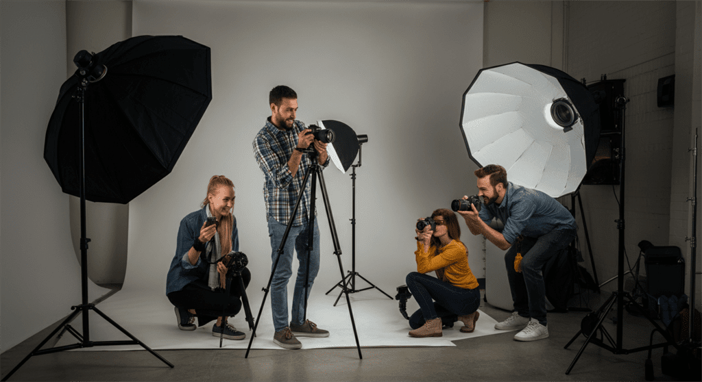 Uma imagem fotográfica de um fotógrafo apaixonado experimentando diversos estilos fotográficos em um estúdio bem iluminado, demonstrando entusiasmo e trabalho em equipe.