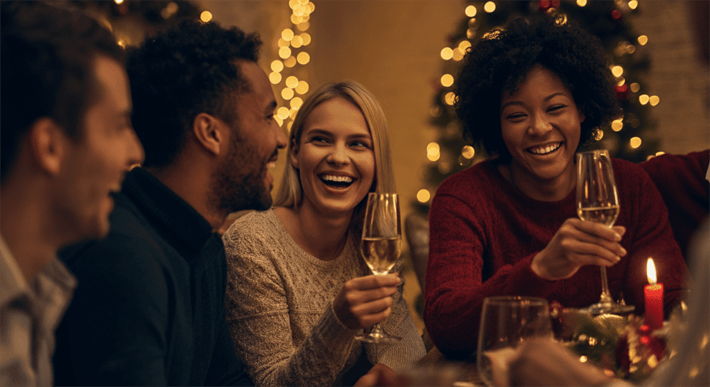 Uma fotografia realista de uma reunião alegre durante uma celebração de feriado, com rostos sorridentes e decoração festiva que evocam calor e conexão.