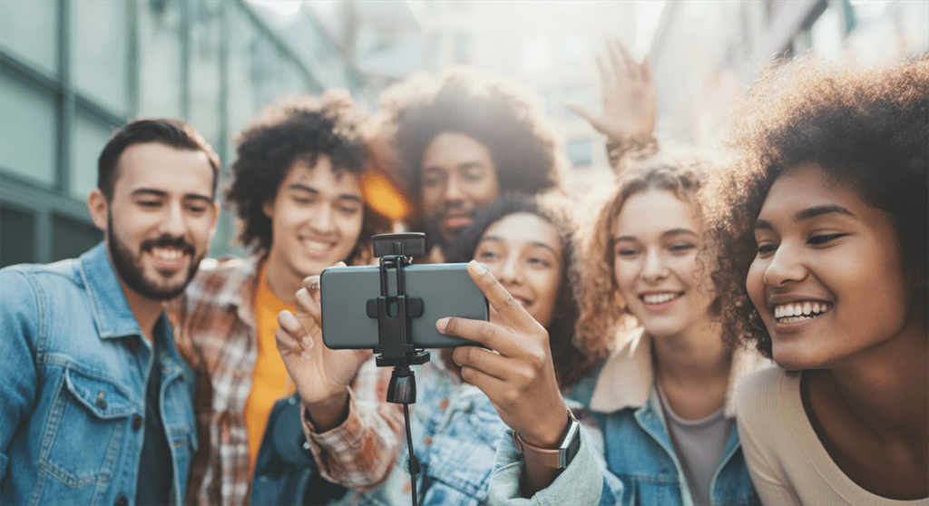 Uma imagem fotográfica mostrando um grupo diversificado de pessoas sorrindo e gravando um vídeo com um smartphone em um ambiente urbano e iluminado, com efeitos visuais no estilo Instagram sobrepondo a cena.