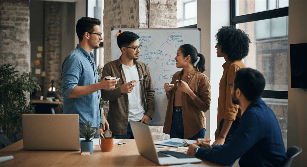 Uma imagem fotográfica de um espaço de trabalho criativo com profissionais de mídia social entusiasmados discutindo ideias em um quadro branco, destacando pesquisas digitais envolventes e questionários interativos, irradiando energia e inovação.