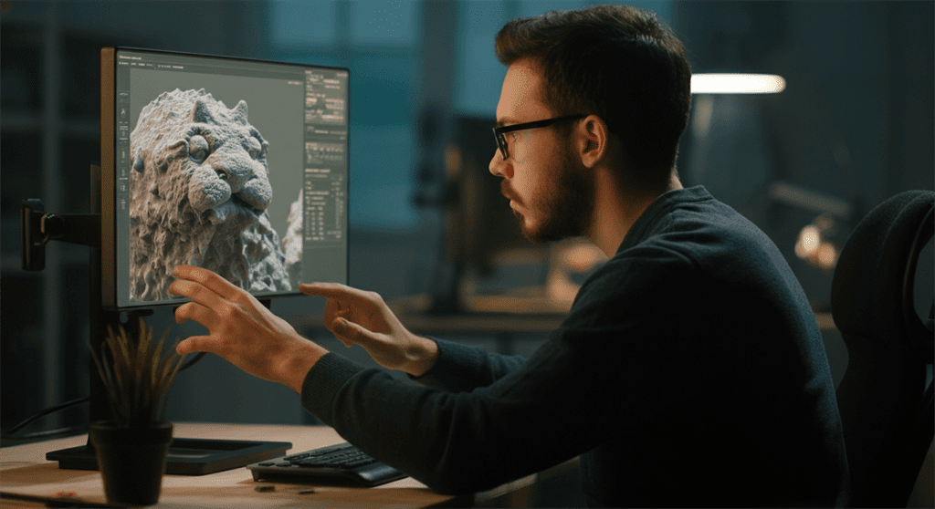 Uma imagem fotográfica de um designer criativo intensamente focado em uma tela digital de alta resolução, manipulando modelos 3D com texturas realistas em um estúdio ultramoderno, exemplificando inovação e dedicação.