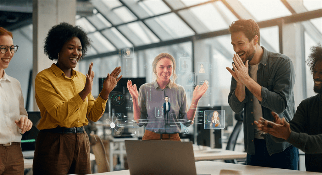 Uma imagem fotográfica de uma equipe diversificada interagindo animadamente com avatares digitais 3D em um escritório de última geração, com luz natural destacando seu entusiasmo e espírito inovador.