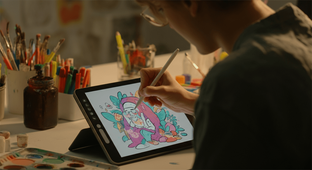 Uma imagem fotográfica de um artista criativo desenhando ilustrações coloridas no estilo cartoon em um tablet digital em um ambiente de estúdio iluminado e inspirador.