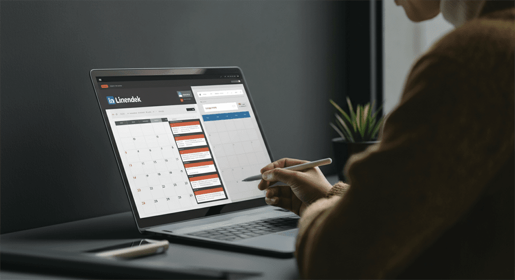 Uma imagem fotográfica mostrando um espaço de trabalho moderno com um profissional alegremente revisando um calendário digital repleto de postagens programadas no LinkedIn, ilustrando eficiência e planejamento inteligente, com luz natural e detalhes realistas.