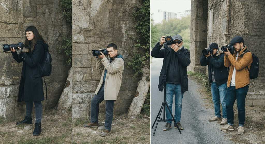 Uma imagem fotográfica de um grupo de indivíduos criativos capturando diversos estilos de fotografia ao ar livre, com iluminação natural variada, expressões realistas e cenários dinâmicos.