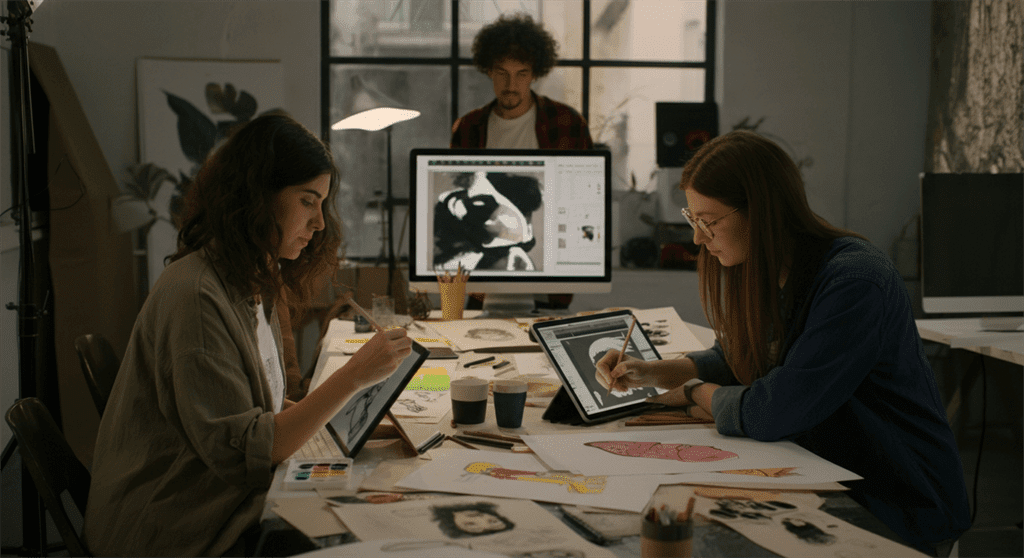 Uma imagem fotográfica de artistas criativos trabalhando em colaboração em um estúdio iluminado, desenhando em tablets digitais e papel, exibindo uma variedade de estilos de ilustração com expressões humanas naturais e iluminação dinâmica.