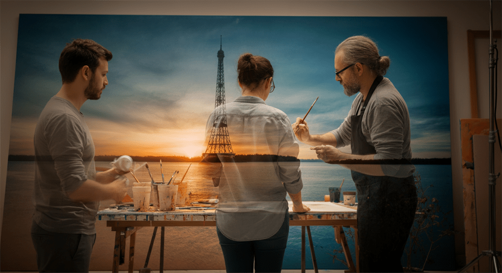 Uma imagem fotográfica de profissionais criativos em um estúdio de arte combinando perfeitamente duas imagens distintas em uma impressionante obra de arte de dupla exposição com iluminação e textura realistas.