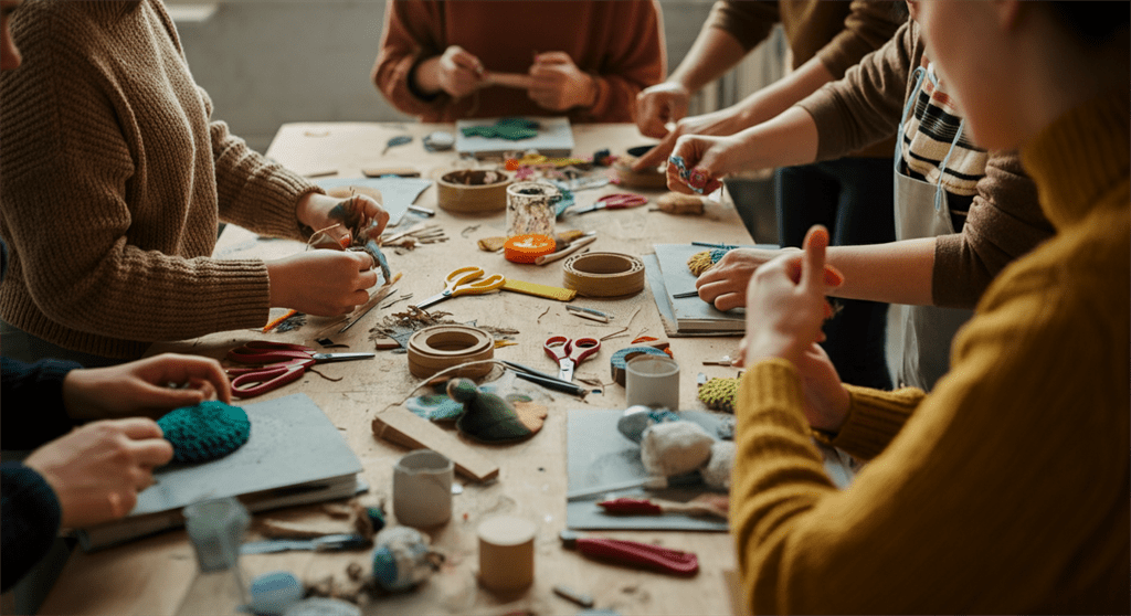 Uma imagem fotográfica de um grupo de pessoas reunidas em torno de uma mesa de oficina, ativamente envolvidas na criação de artesanatos exclusivos com materiais e ferramentas coloridas, evocando criatividade e espírito comunitário.