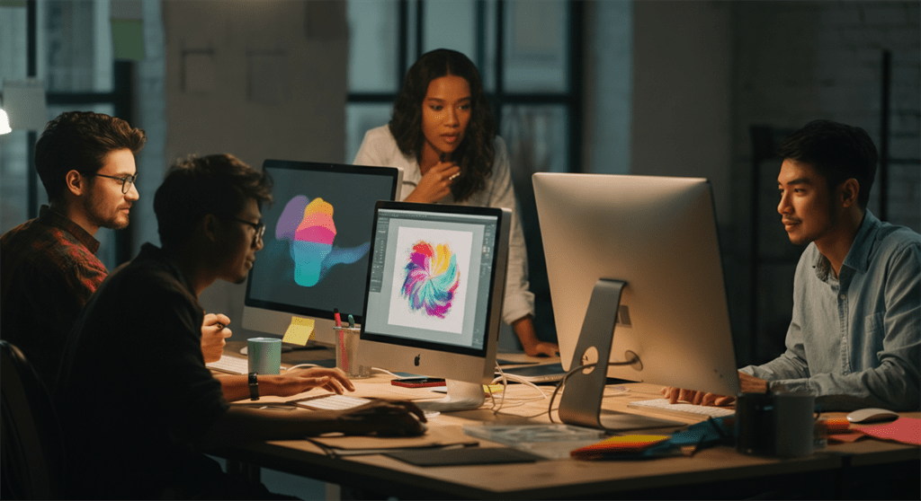 Uma imagem fotográfica de um estúdio criativo moderno onde um grupo diversificado de profissionais se reúne em torno de computadores, personalizando com entusiasmo obras de arte digitais com cores vibrantes e elementos de design inovadores, enfatizando um ambiente de trabalho realista e dinâmico.