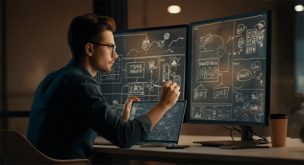 produto - Uma imagem fotográfica realista retratando um profissional de marketing focado fazendo brainstorming e esboçando ideias inovadoras de publicidade em telas digitais em um ambiente de trabalho moderno e iluminado.