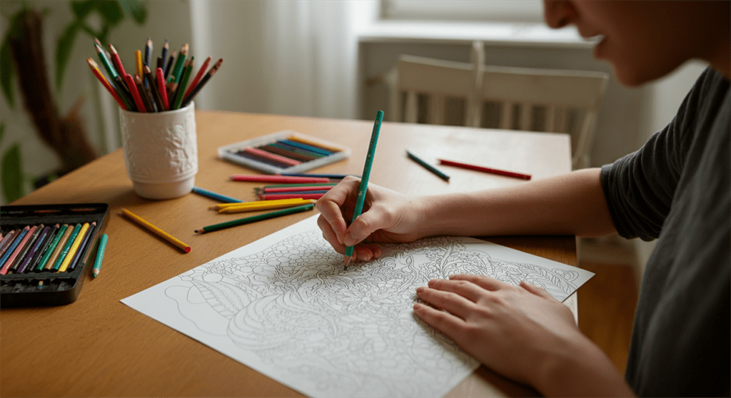 Uma imagem fotográfica de uma pessoa sentada à mesa em uma sala iluminada e moderna, profundamente imersa em colorir um desenho detalhado, com lápis coloridos espalhados ao redor, simbolizando relaxamento e expressão artística.