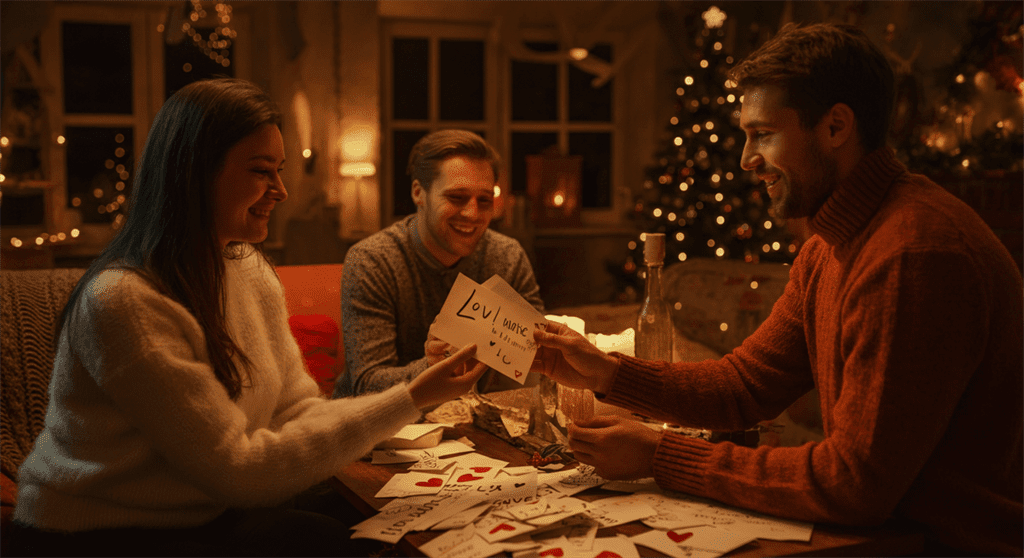 Uma fotografia realista de pessoas comemorando um feriado em uma sala decorada de forma aconchegante, trocando mensagens sinceras e criativas em um ambiente festivo.