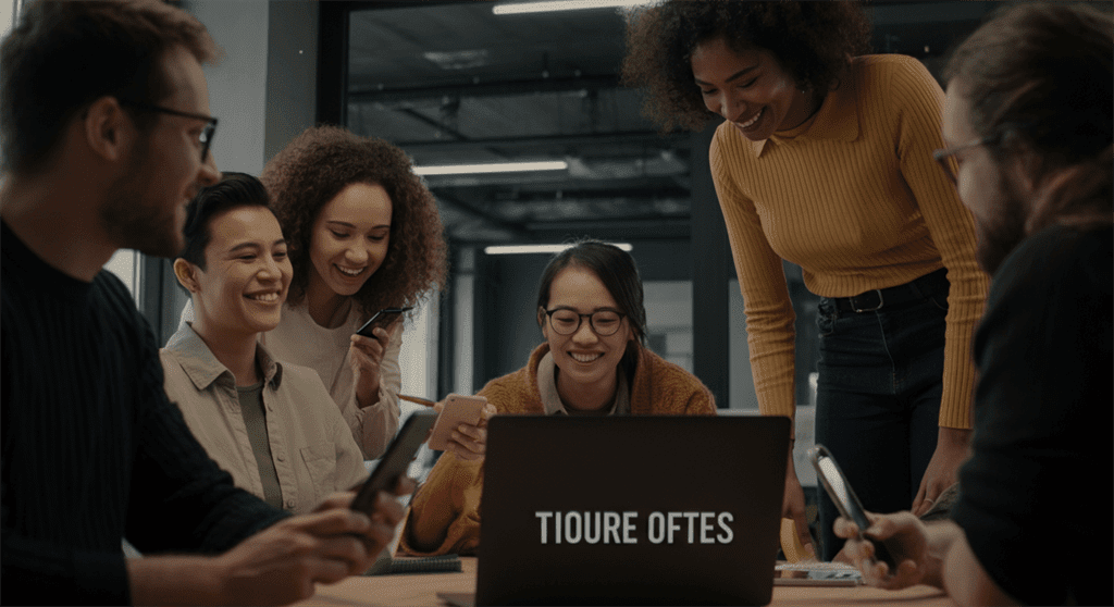 Uma fotografia realista de um grupo diversificado de pessoas em um ambiente de trabalho moderno e iluminado, sorrindo e compartilhando mensagens motivacionais em laptops e smartphones.