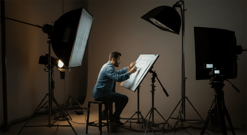 Uma fotografia realista de um cineasta criativo elaborando um storyboard de vídeo detalhado em um estúdio moderno, com iluminação dinâmica, uma câmera e gestos expressivos.