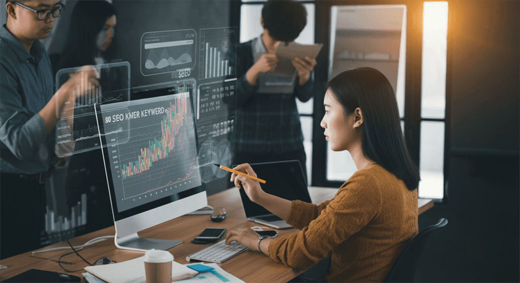 Uma imagem fotográfica de um escritório moderno com profissionais de marketing digital analisando atentamente gráficos de palavras-chave de SEO em telas de computador, cercados por gráficos dinâmicos e elementos digitais criativos.