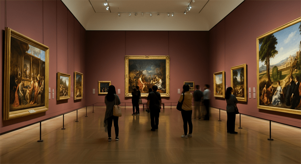 Uma imagem fotográfica de entusiastas da arte explorando um museu com pinturas clássicas que capturam vividamente a evolução da história da arte, apresentando interações humanas realistas e iluminação ambiente de museu.