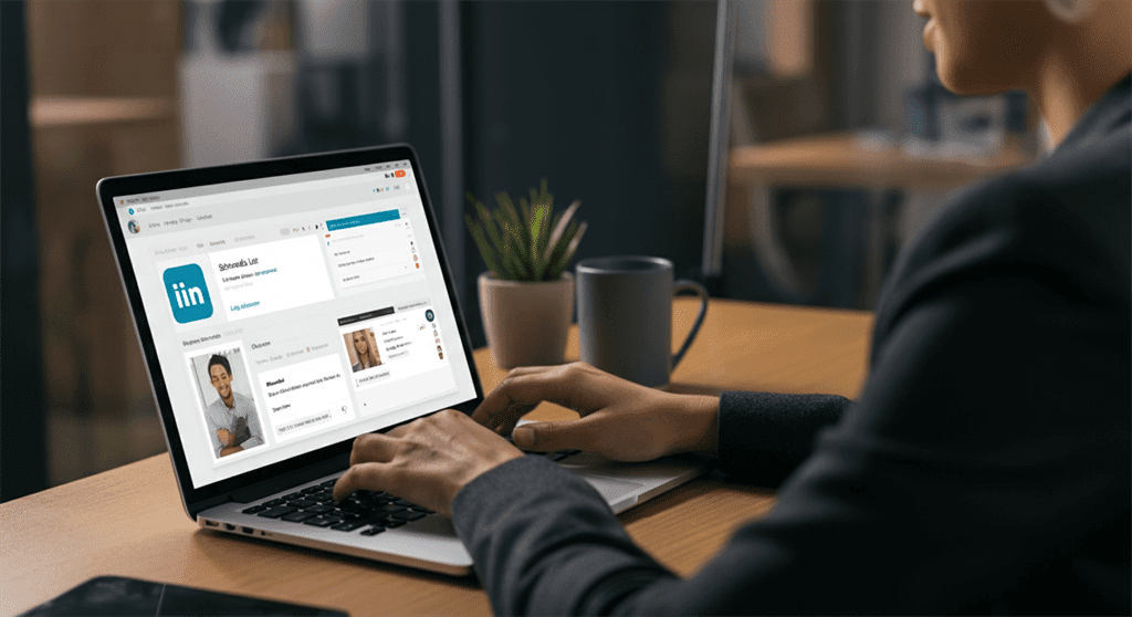 Uma imagem fotográfica mostrando um profissional digitando com confiança em um laptop em um escritório moderno, com o logotipo do LinkedIn e uma interface exibindo postagens agendadas, tudo em um ambiente de trabalho realista e bem iluminado.