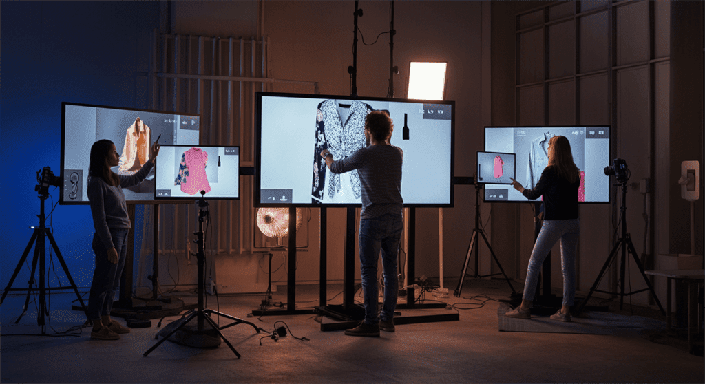 Uma imagem fotográfica de um espaço de trabalho criativo dinâmico onde designers de moda e fotógrafos colaboram em telas digitais, exibindo itens de moda da moda com iluminação vibrante e interações humanas naturais.
