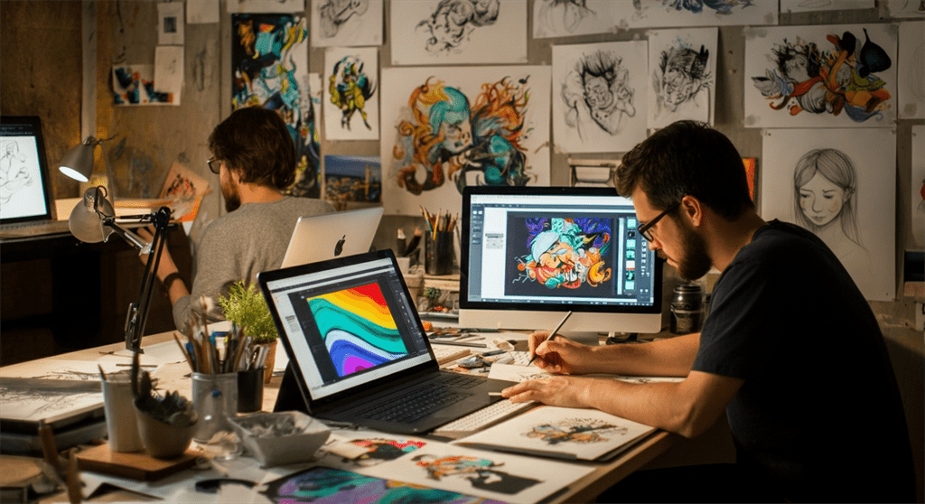 Uma imagem fotográfica de um espaço de trabalho criativo inspirador com artistas profundamente envolvidos em desenho e edição digital, cercados por esboços e ilustrações coloridas que evocam paixão e inovação.