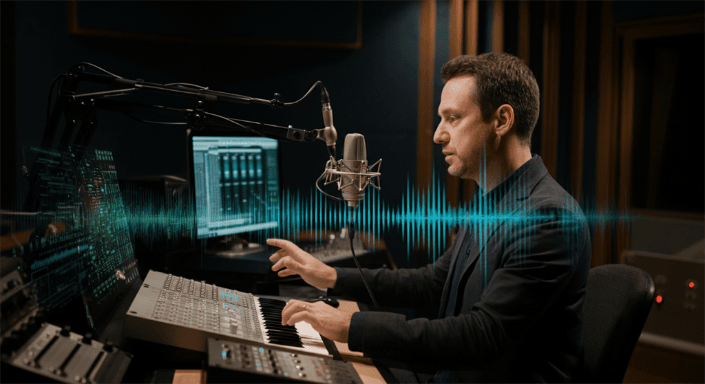 Uma imagem fotográfica realista de um dublador profissional em um estúdio de gravação moderno, interagindo com equipamentos de áudio de alta tecnologia e sobreposições de ondas sonoras digitais, representando tecnologia avançada de síntese de voz de IA.