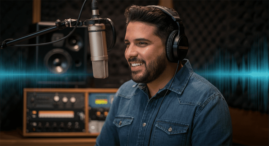 Uma imagem fotográfica realista de um dublador brasileiro em um estúdio de gravação de última geração, exibindo equipamentos de áudio modernos e ondas sonoras vibrantes, enfatizando a entrega vocal natural e exclusiva.